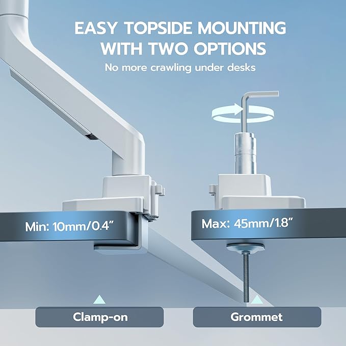 ARES WING Ultrawide Single Monitor Arm, Heavy Duty Monitor Mount for 13"-45" Curved Screens, Adjustable Stand for Desk with C-clamp & Grommet Base up to 40 LBS, White