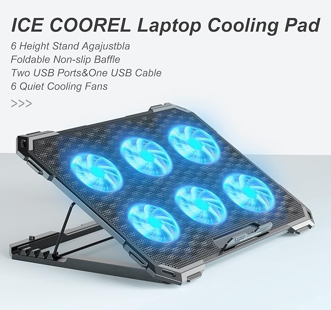 ICE COOREL Laptop Cooling Pad with 6 Cooling Fans, Cooling Pad for Laptop Fan 13-15.6 Inch, Laptop Cooler Stand with 6 Height Adjustable, Notebook Cooler Pad with Two USB Port