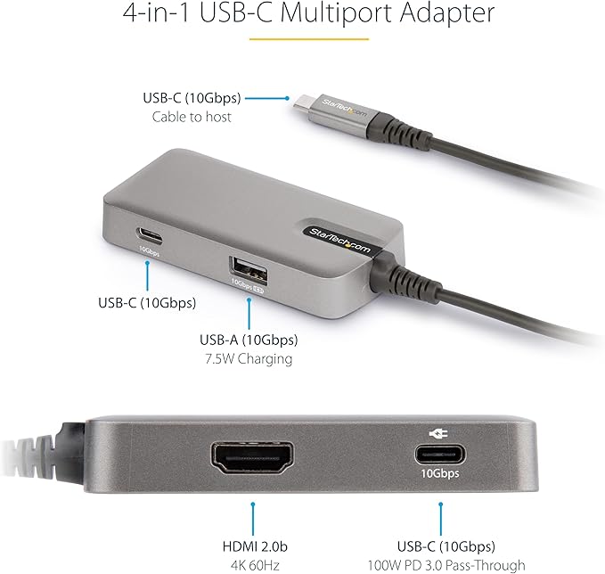 StarTech.com USB C Multiport Adapter - USB-C to 4K 60Hz HDMI 2.0, 100W Power Delivery Pass-Through - 3-Port 10Gbps USB Hub - Portable USB Type-C Mini Docking Station - 10" (25cm) Cable, TAA