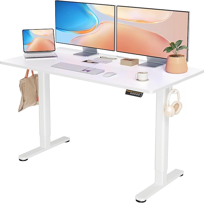 YDN Electric Standing Desk Adjustable Height, 55 x 24 Inches Stand up Desk with Cable Management, Home Office Desks with Splice Board & White Frame, White Top