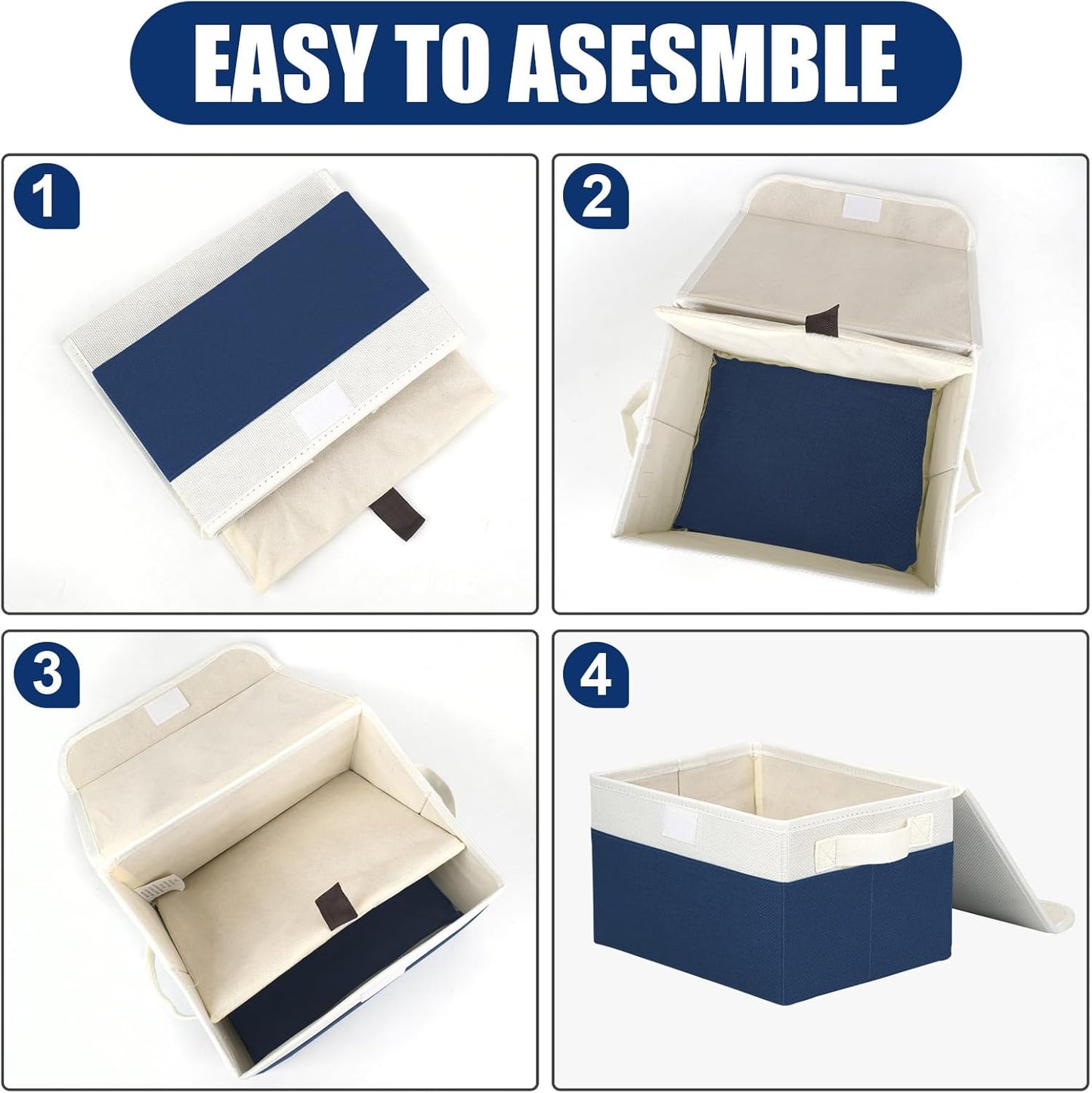 Small 8 Quart Linen Fabric Foldable Storage Bin Cube Organizer Basket with Lid & Handles, Collapsible Decorative Box Container for Home, Dorm, Closet (Navy Blue & White, 10"x8"x6", 6-Pack)