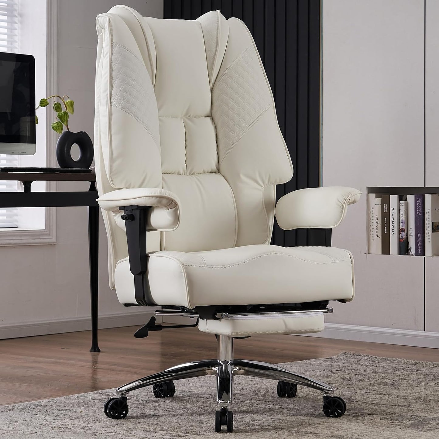 Big and Tall Office Chair 400lbs Wide Seat, Leather High Back Executive Office Chairs with Foot Rest, Ergonomic Lumbar Support for Lower Back Pain Relief (White)