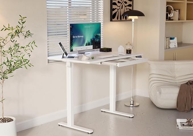 YDN Standing Desk with Drawers, 48 x 24 Inch Electric Adjustable Height Stand Up Desk, Sit Stand for Home Office, White