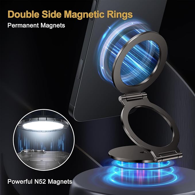 Dual Magnetic Ring Phone Holder for MagSafe, 1/4" Screw Hole Tripod Mount, Attach Your Phone to Iron Object, Adjustable Gym Phone Stand for iPhone 16/15/14/13 Pro Max & All Phones