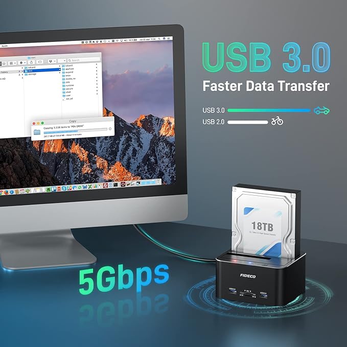 FIDECO Hard Drive Docking Station, USB 3.0 Aluminum Hard Drive Docking Stations 2.5"/3.5" SATA HDD SSD, TF Card Reader and SD Card Reader, Offline Clone Support
