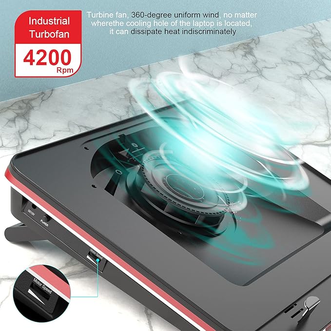GT500 Powerful Turbo-Fan (4200 RPM) Laptop Cooling Pad with Infinitely Variable Speed,Seal Foam for Rapid Cooling Gaming Laptop,Dust Filter for Protect Laptop,13-17.3inch Laptop Cooler