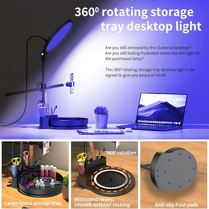 Desk Ring Light with Stand,55W Dimmable Full Screen Ring Light,with Rotating Storage Box,Pen Holder Stand,Phone Holder&Controller (Pink-RGB, 10.5)