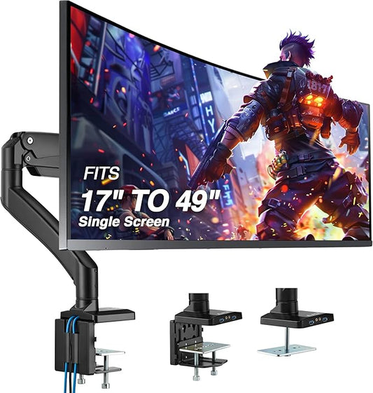 AVLT Single 17"-49" Super Ultrawide Monitor Arm for Screens Up to 50 lbs, Premium Aluminum Desk Stand, Adjustable Pneumatic Height, Full Motion Swivel Tilt Rotation, USB 3.0 & AUX Ports, Black