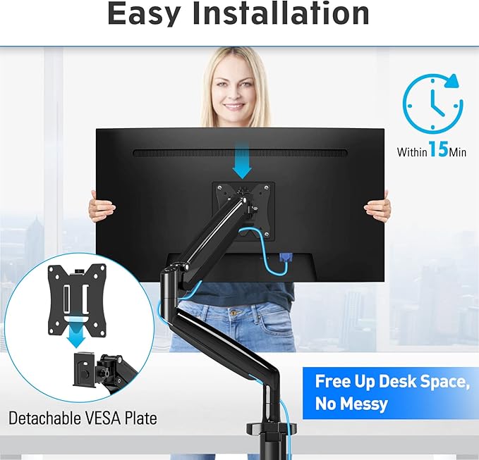 MOUNTUP Ultrawide Monitor Arm for Max 40 Inch Screen, Heavy Duty Monitor Desk Mount Support 6.6-30.9lbs, Gas Spring Computer Monitors Stand for Desk, VESA Mount with Clamp & Grommet Base