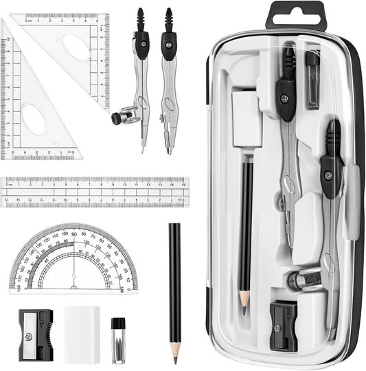 Zonon Math Geometry Set 10 Pcs Student Supplies with Shatterproof Storage Box, Includes Rulers Protractor Compass Pencil Sharpener Lead Refills Eraser Pencil for Drafting and Drawings (Black)