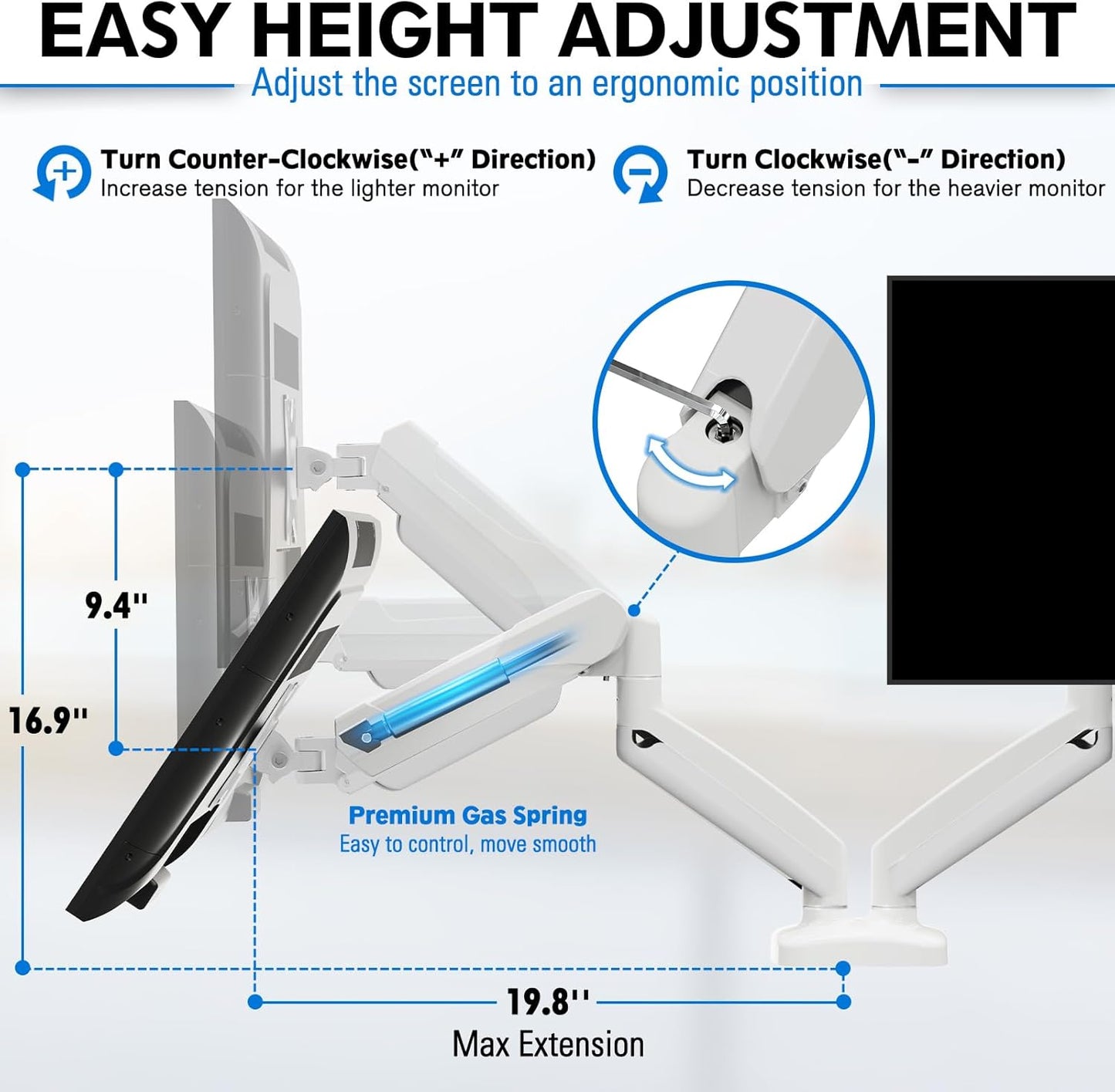 MOUNTUP Dual Monitor Stand for Desk, Pneumatic Monitor Arms for 2 Monitors Max 32 Inches, Height Adjustable Double Monitor Mount, VESA Mounts with C-Clamp & Grommet Base, Holds 4.4-17.6lbs, White