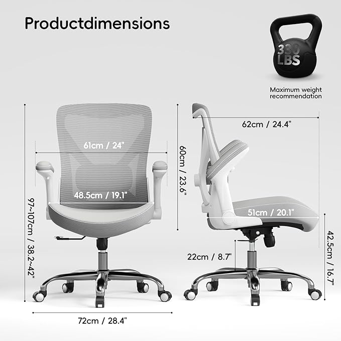 Ergonomic Office Chair-Computer PU Leather X-Shaped Desk Chair-Gaming Chair with Adjustable Flip-up Armrests Lumbar Support Mesh Executive Chair for Long Hours Office (White-Grey)
