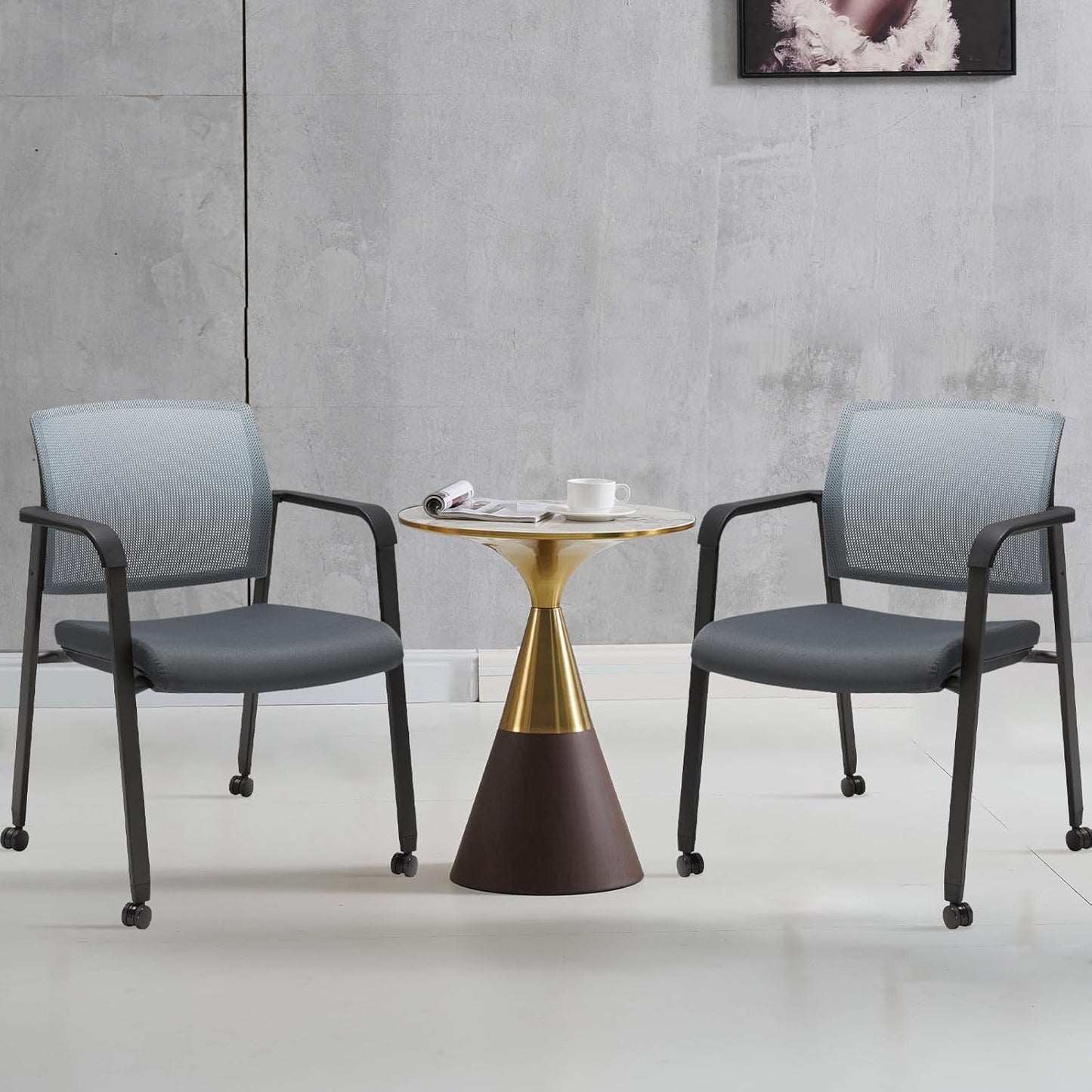 CLATINA Mesh Back Stacking Arm Chairs with Upholstered Fabric Seat and Ergonomic Lumbar Support for Office School Church Guest Reception (WithWheels Gray- 2 Pack)