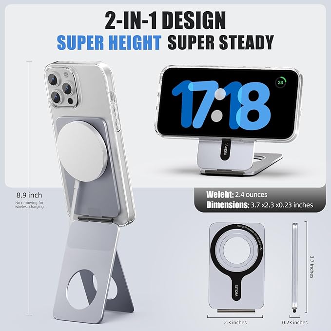 Phone Tripod Stand, Aluminum Alloy Mini Tripod Compatible with Magsafe iPhone 16/15/14/13/12 Series, Foldable Strong Magnetic Phone Stand, Mult-Angle Adjustment Selfie Stick(Grey)