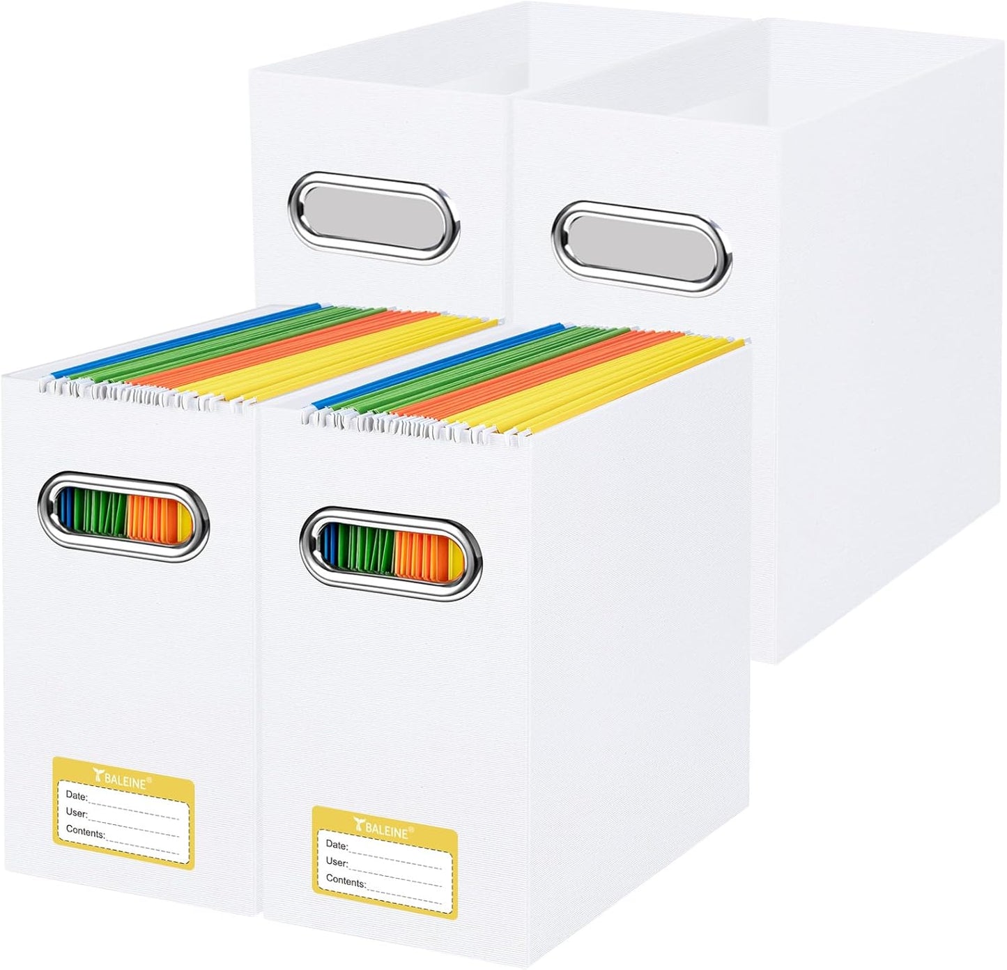 BALEINE File Organizer Box, Cardboard File Folder Organizer with Handle for Letter Size, Portable Collapsible Hanging Filing Box for Home Office Document Storage (4 Pack, White)