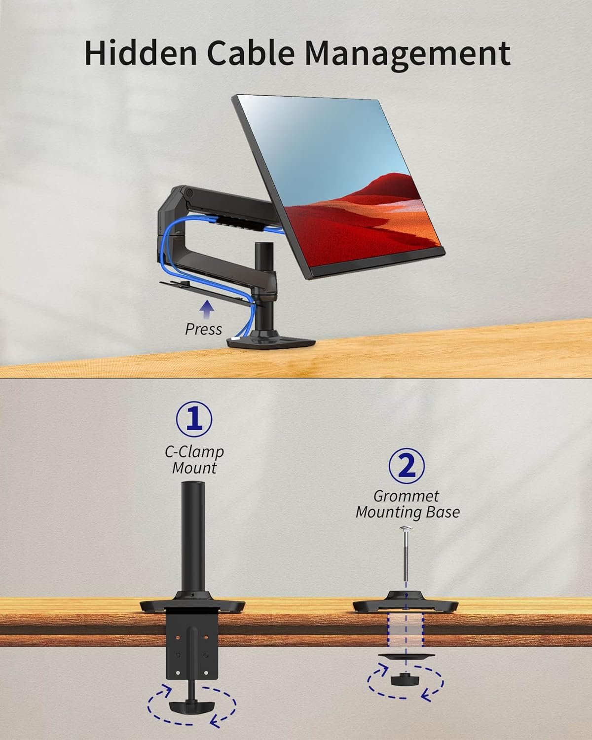 Single Monitor Arm Desk Mount, Holds Screens up to 40 Inches and 25 lbs, Fully Adjustable Vesa Monitor Mount with C-Clamp and Grommet Base, Aluminum, Black