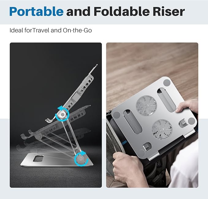 Adjustable Laptop Cooling Stand with 2 Quiet Fans & RGB Lighting, Aluminum Alloy & Foldable Ergonomic Design for MacBook, Lenovo, ASUS, Dell 10-16 Inch, Perfect for Gaming, DJ, Office - Silver