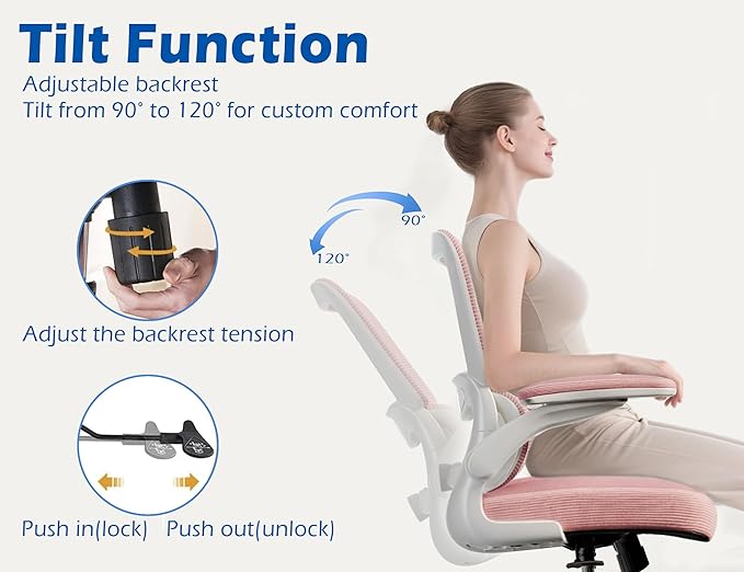 TRALT Ergonomic Office Chair - Desk Chair with Adjustable Lumbar Support Computer Chair - Mesh Comfy Chair with Flip-up Armrests - Gaming Chairs for Adults Home Office (Leather, Pink)