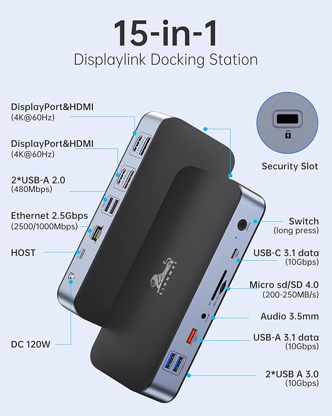 DisplayLink Docking Station,15-in-1 DisplayLink Dock for MacBook M1/M1 and Windows,2 HDMI Port,2 DP Port, 120W DC Power Supply,6 USB Ports,2.5G Gigabit Ethernet, SD/Micro sd,Audio