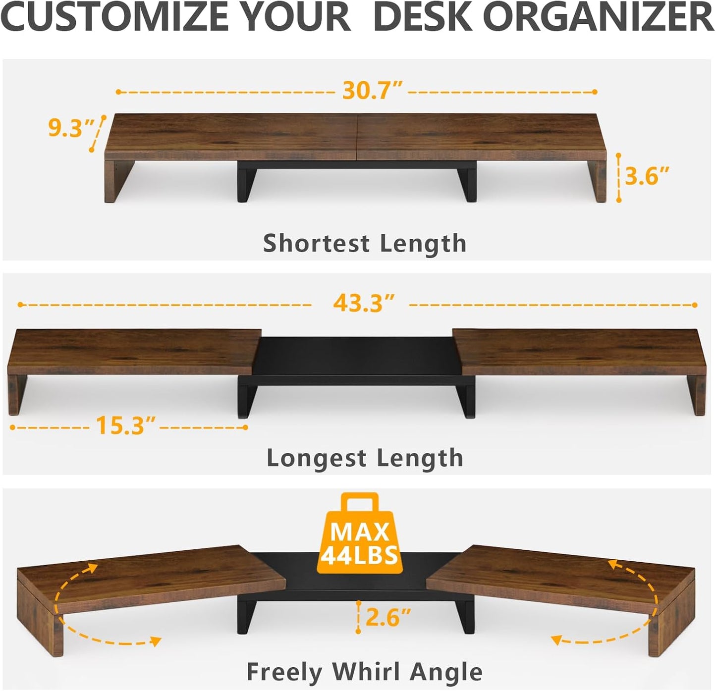 TAVR Dual Monitor Stand Riser, Computer Monitor Stands for 2 Monitors, Extra Long Multifunctional Desktop Organizer Riser for Computer, Laptop, PC, Printer, TV, Max 43.3" Length, Rustic Brown