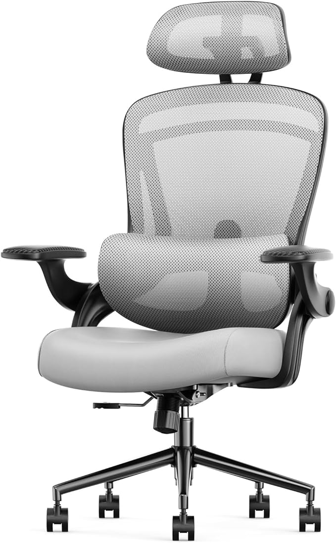 Sweetcrispy Ergonomic High Back Office Chair with 2D Headrest, Up&Down Lumbar Support, Swivel Computer Task Mesh Desk Chairs with Adjustable Flip-up Armrests,Grey