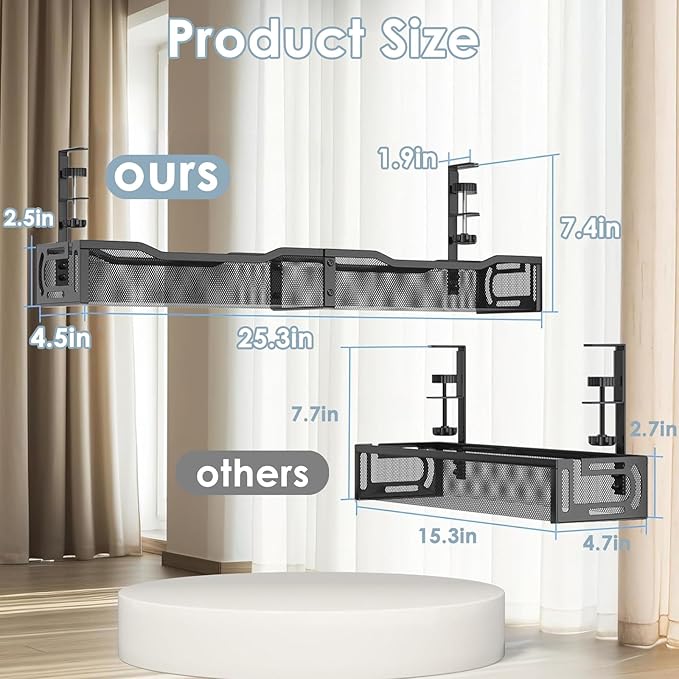 Cable Management, 25'' Cable Management Under Desk No Drill, Metal Cord Organizer with Clamp for Standing Desk, Cable Organizer for Home Office, Black