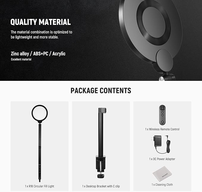 NEEWER Basics 18W 7" Desk Ring Light with Stand, Folding Arm, C Clamp, Full Screen LED Circle Ringlight for Video Conference Lighting Streaming Recording Makeup Phone Selfie Computer Laptop Zoom, R18