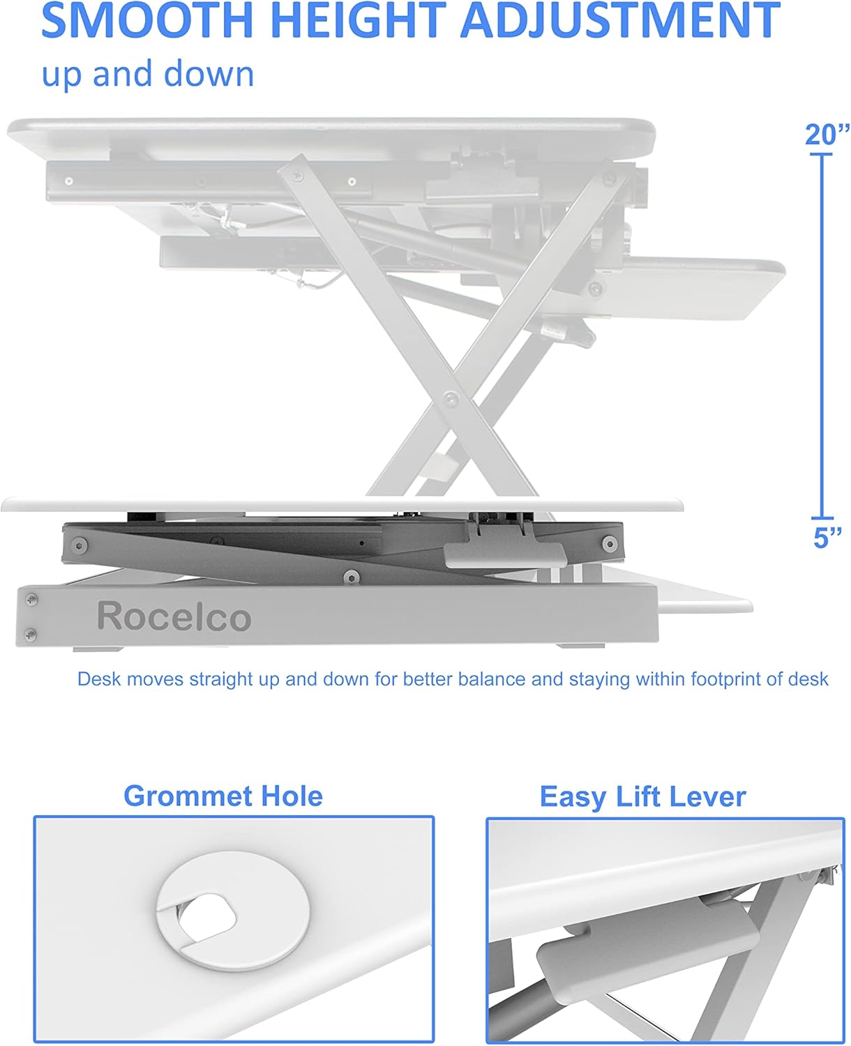 Rocelco 40" Large Height Adjustable Standing Desk Converter with Anti Fatigue Mat BUNDLE - Quick Sit Stand Up Computer Workstation Riser - Retractable Keyboard Tray - White (R DADRW-40-MAFM)