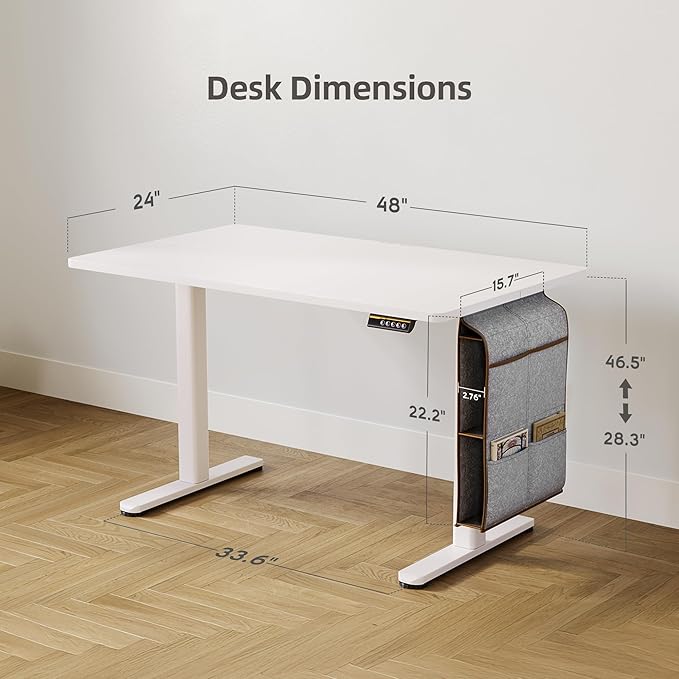 Claiks Electric Standing Desk Adjustable Height with Spacious Storage Bag, 48x24 Inch Stand Up Desk with Headphone Hook, Sit Stand Table for Home Office Computer Workstation, White