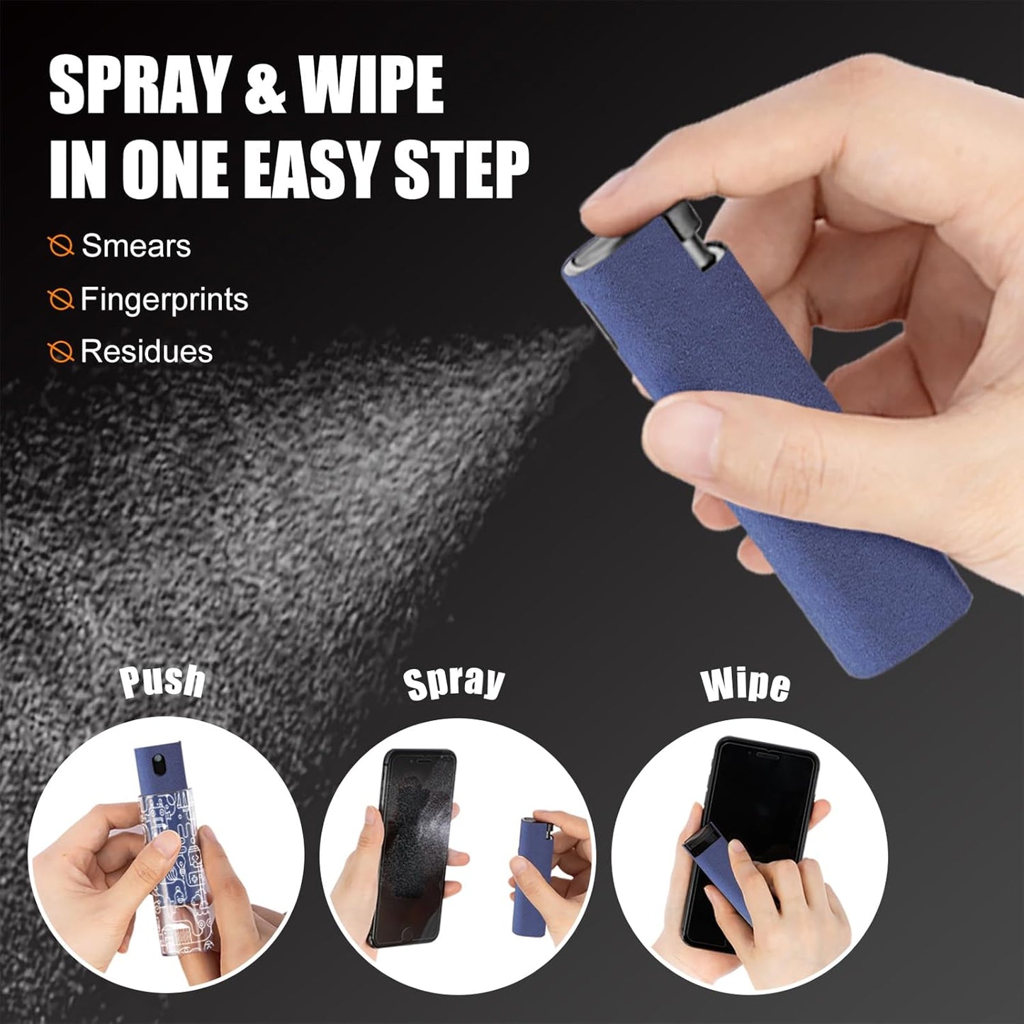 walrfid Car Screen Cleaner Spray and Wipe, Laptop Touchscreen Mist Cleaning Kit for Electronics Computer, iPad, Cellphone, MacBook, TV, Monitor, Tablet Display, with Black Graffiti Case - Dark Blue