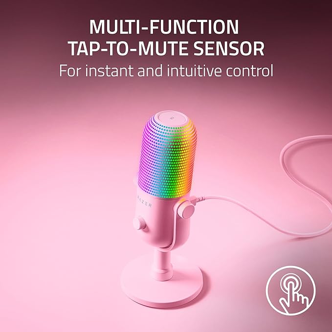 Razer Seiren V3 Chroma RGB USB Microphone: Stream & Game Reactive Lighting - Tap-to-Mute Sensor - Condenser Mic - Digital Gain Limiter & Shock Absorber - PC, Discord, OBS Studio, XSplit - Quartz Pink