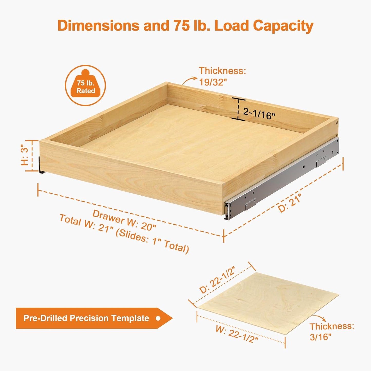 ALINE FURNITURE Pull Out Drawers for Cabinets Birch Wood, 21" W X 21" D Soft Close Slide Out Drawer for Kitchen Cabinets, Pull-out Shelves, Sliding Shelf for Pantry Cabinet Organizer