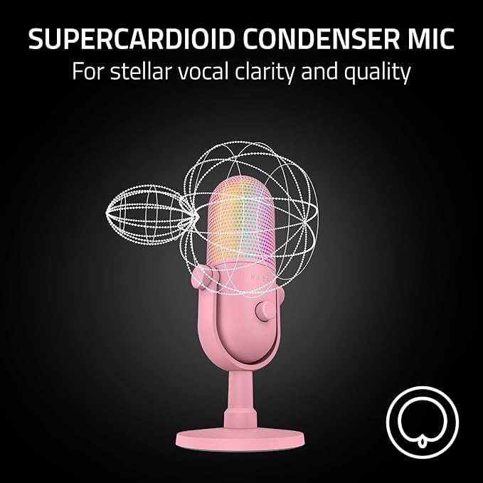 Razer Seiren V3 Chroma RGB USB Microphone: Stream & Game Reactive Lighting - Tap-to-Mute Sensor - Condenser Mic - Digital Gain Limiter & Shock Absorber - PC, Discord, OBS Studio, XSplit - Quartz Pink