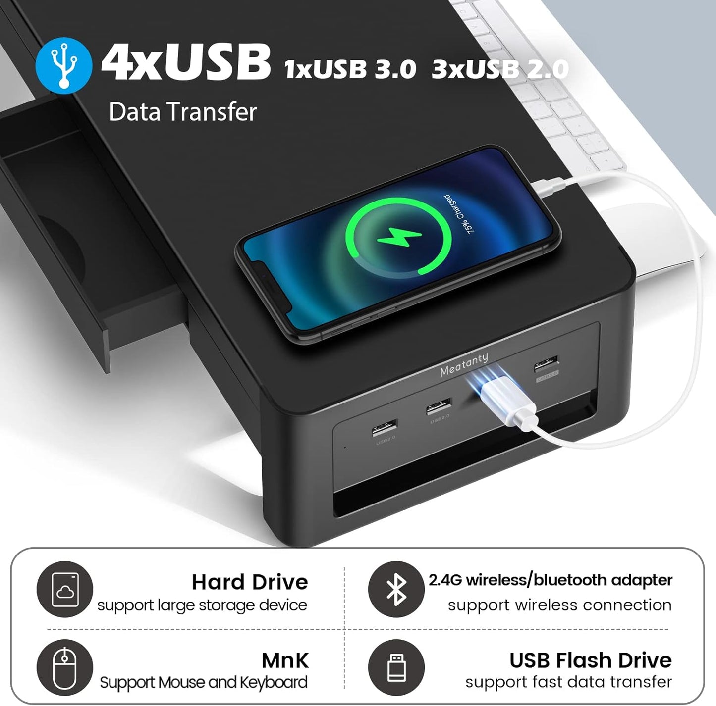 meatanty 2 in 1 Monitor Stand Riser with 2 Storage Drawers and 4 USB Ports, Metal Computer Monitor Stand Supports Transfer Data and Charging, Desk Organizer for PC,Laptop,iMac (21 inches)
