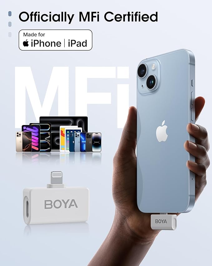 BOYA Omic Wireless Microphone for iPhone/Android with MFi Certified Lightning/USB-C Plug, Noise Reduction, 164ft 30H Battery Life with Charging Case, iPhone Microphone for Video Recording-White