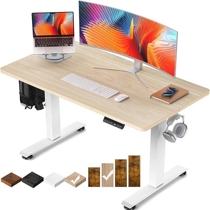 Veken 47.2 Inch Electric Standing Desk, Height Adjustable Sit Stand Up, Wood Desktop, Work Home Office Computer PC Desks, Gaming Writing Study Bedroom Rising Table, Nature