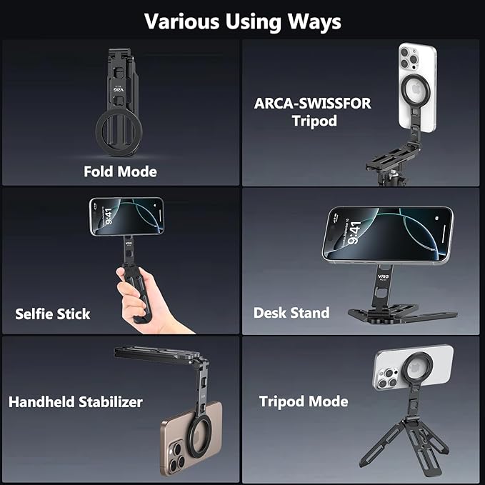 VRIG Magnetic Pocket Phone Tripod Foldable Compatible with magsafe for iPhone 16/15/14/13/12,Mini Cell Phone Tripod Mount Handle Smartphone Desk Stand Travel All in One,Fathers Day for Gifts