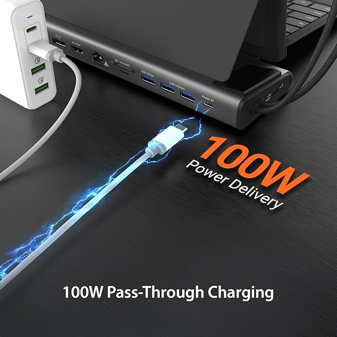 j5create USB C Dual 4K60 Display Docking Station (12-in-1), Built-in M.2 SSD Slot, HDMI, DisplayPort, 10Gbps USB-A, Card Reader, PD 100W, Ethernet, for Surface Pro 7/8/9/11 (JCD551)