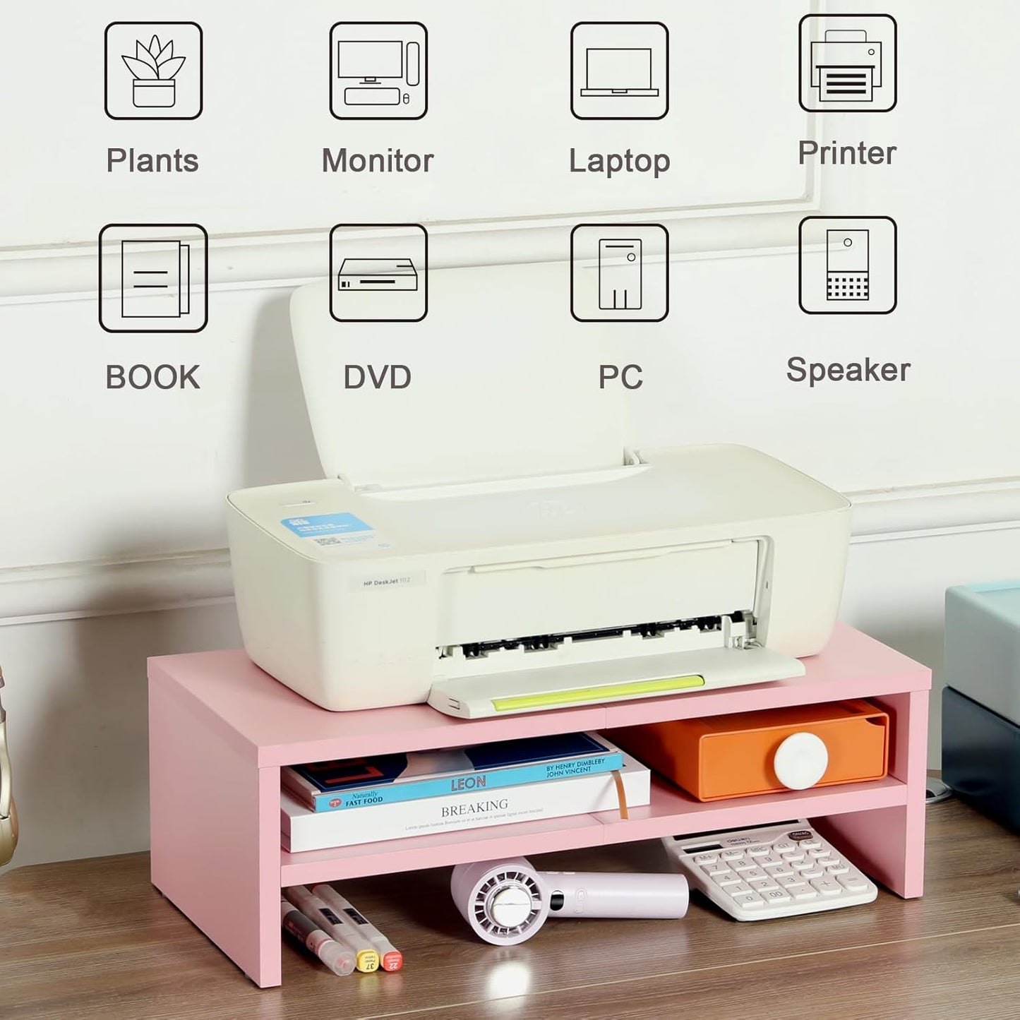 TEAMIX 2 Tiers Pink Monitor Stand Riser, Desktop Stand with Keyboard Storage Small TV Stand Laptop Wooden Desk Organizer Cute Shelf (Pink, 2 Tiers)