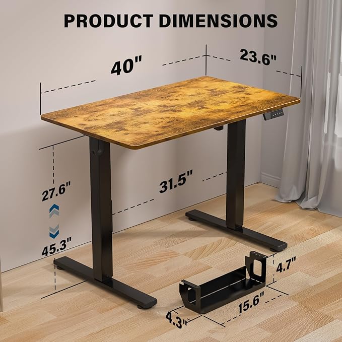Kingant Standing Desk Height Adjustable Small Electric Stand Up Desks [40 x 20 Inch] - Ergonomic Sit Stand Desk Rising Desks for Home Office Computer Desk Stand Desk Workstation with Cable Management