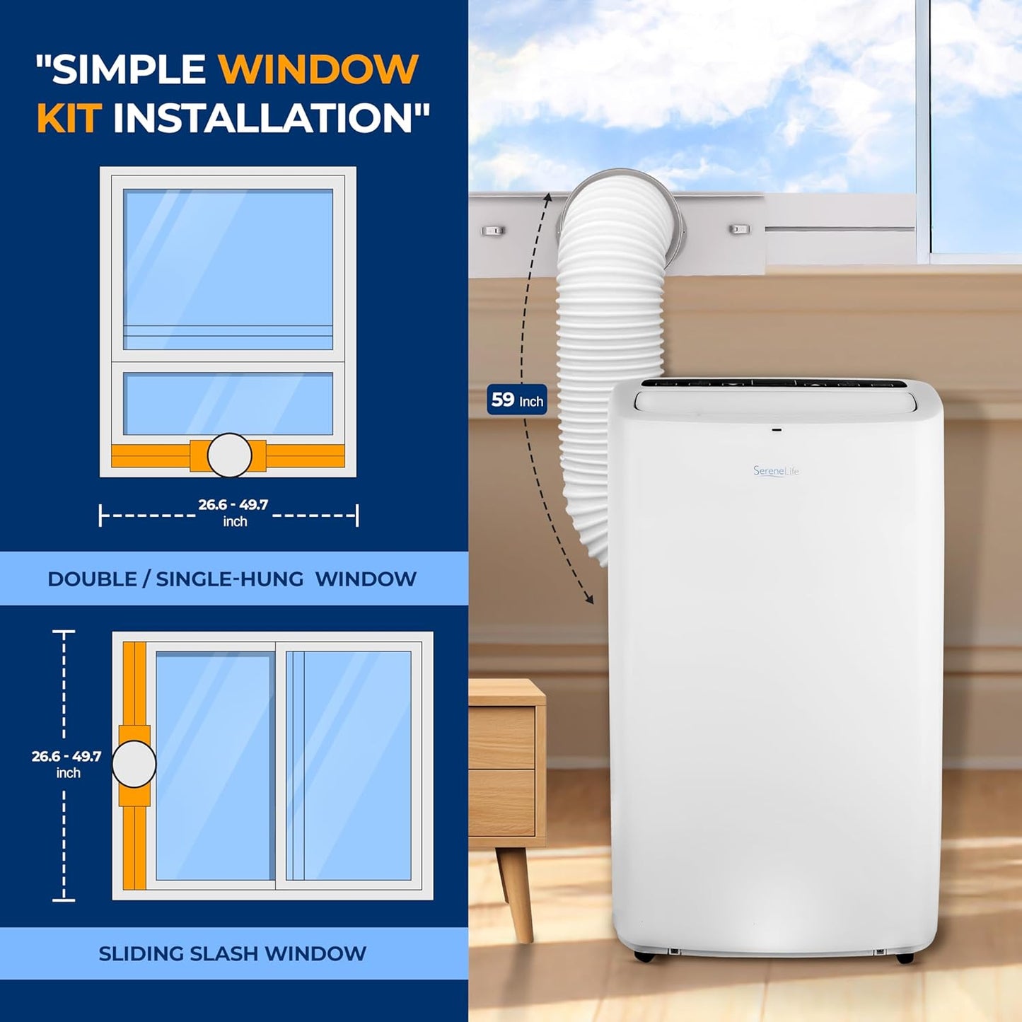 SereneLife Small Air Conditioner Portable 14,000 BTU with Built-in Dehumidifier - Portable AC unit for rooms up to 650 sq ft - Remote Control, Window Mount Exhaust Kit