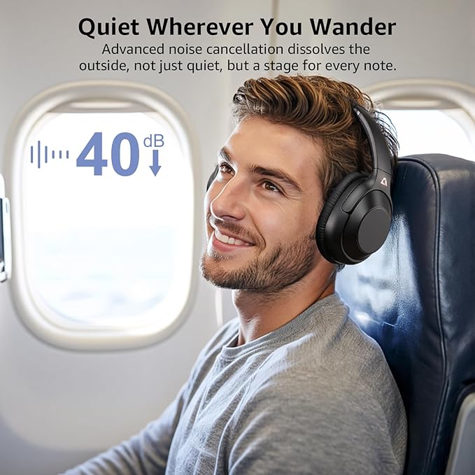 Riibox Y7Pro Hybrid Active Noise Cancelling Headphones, LDAC Hi-Res Audio, 75H Playtime, Deep Bass, Comfort Fit & Foldable Wireless Over-Ear Bluetooth Headphones for Home Office Travel – Black