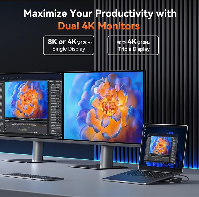 TobenONE USB-C Docking Station 3 Monitors & Dual Monitor,Laptop Dock Stand with 100W GaN III Charger, 2.5Gbps Ethernet,2 HDMI & DP (Single 4K@120Hz), 6 USB Ports for Dell/Hp/Lenovo