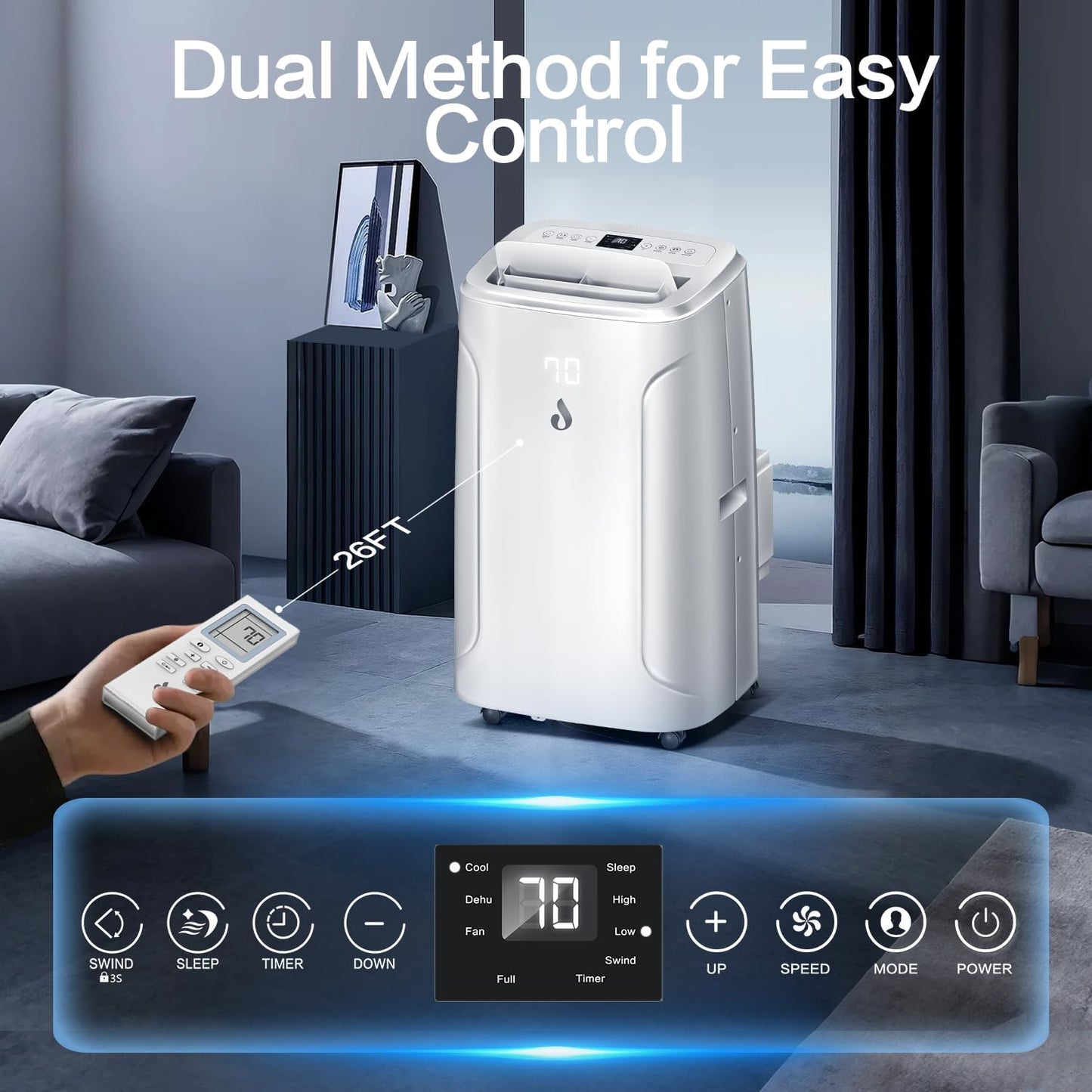 14,000 BTU Portable Air Conditioners, 4-in-1 Air Conditioner with Dehumidifier, Fan, 2 Speeds Cools Room up to 700 Sq.Ft, 24H Timer, Smart Auto-off, Remote Control & Window Kit for Home, Room, Office