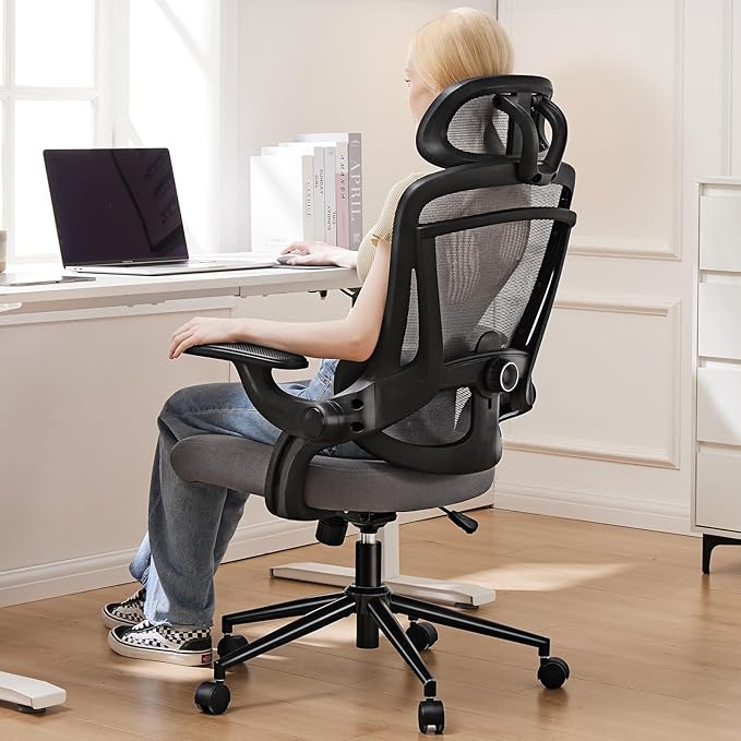 DUMOS Ergonomic Mesh Office Chair - High Back Executive Chair with 2D Headrest & Up&Down Lumbar Support | Adjustable Flip-Up Arms, 330lbs Heavy Duty for Home Office/Gaming
