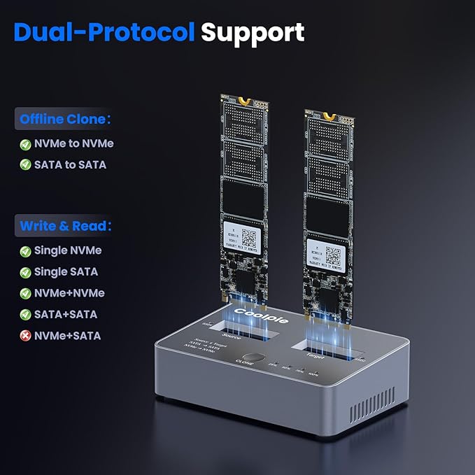 M.2 NVME/SATA Duplicator, Coolpie CR121 Dual-Bay Offline Clone M.2 NVME/SATA Docking Station, USB3.2 Gen2*2 20Gbps M.2 Cloner for SSD Size 2230/2242/2260/2280/22110