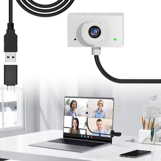 Webcam 1080P for PC, Eye Contact Webcam for Desktop Computer (White)