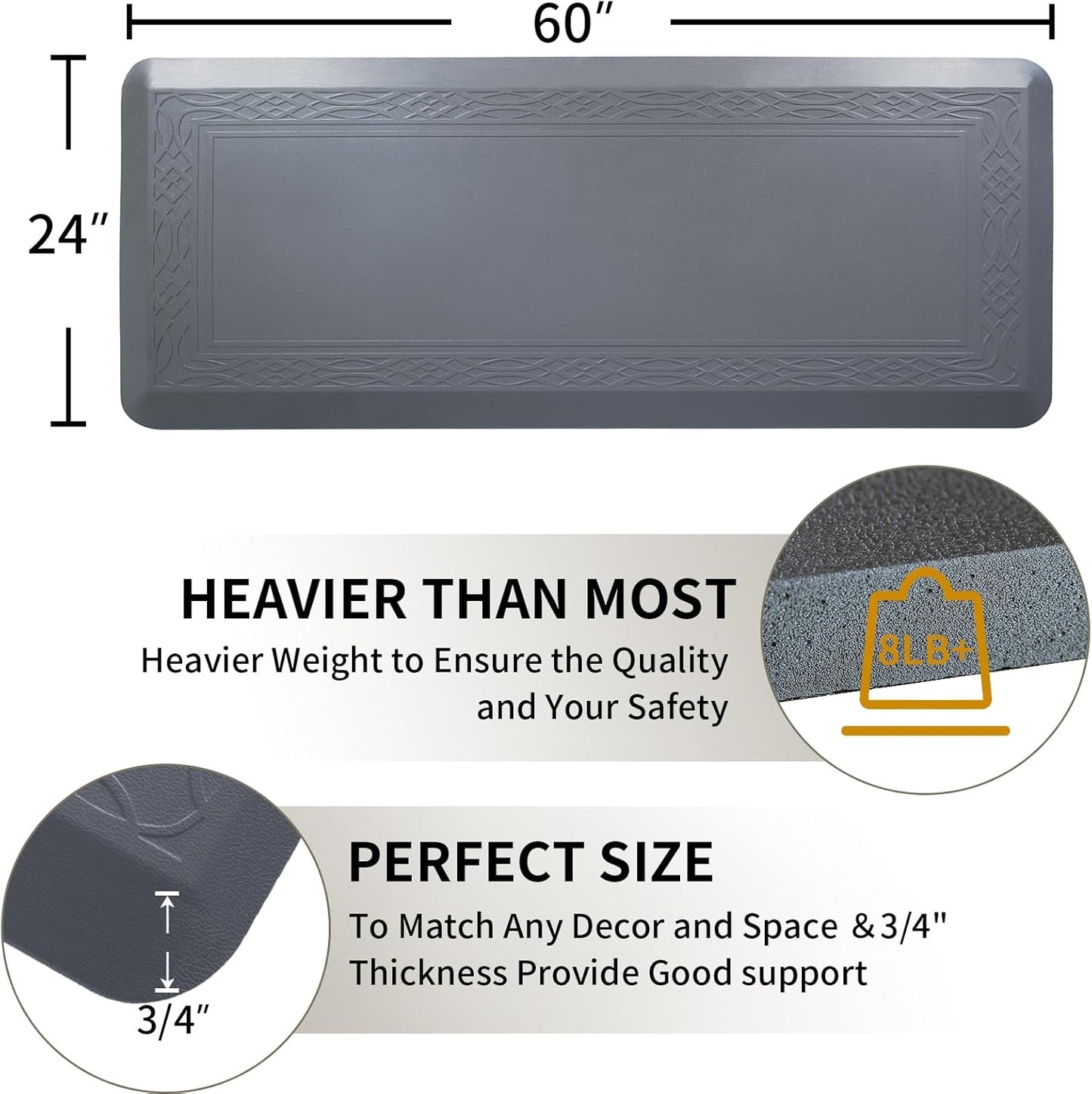 24 x 60 Inch Extra Support Anti Fatigue Comfort Kitchen Mat, Waterproof Long Kitchen Runner, Non-Slip Standing Desk Mat, Commercial Pads for Offices, Home, Garages (Bordeaux Grey, 24'' x 60'')