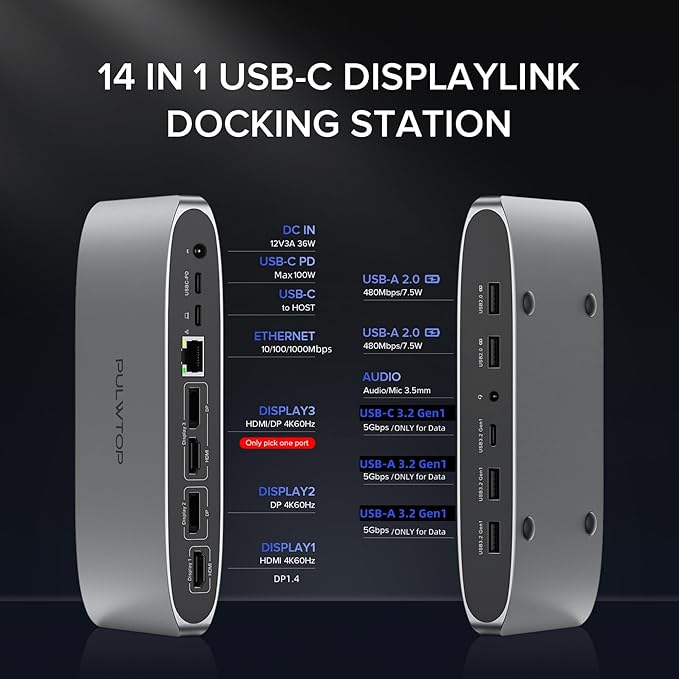 Displaylink Docking Station, Triple Display DisplayLink Dock for MacBook M1/M2/M3 Windows, 4K@60Hz Laptop Docking Station with 2 HDMI, 2 Display Port, PD, USB C Data, 4 USBA, Ethernet, Audio