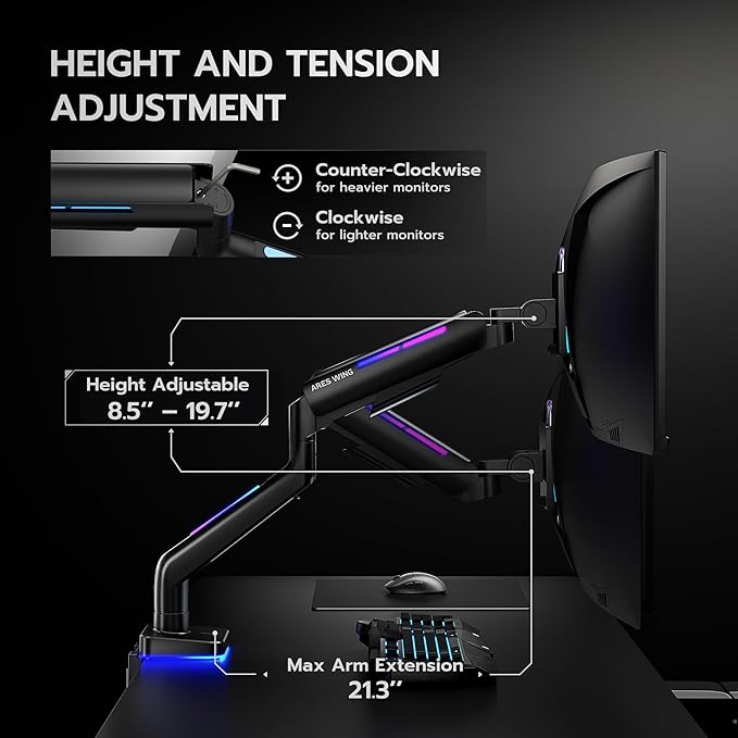 Ultrawide Monitor arm for 17-49'' Heavy Duty Screen up to 44lbs, Gas Spring Single Monitor Arm with RGB Light, Adjustable Gaming Computer Monitor Arm for Desk, Black